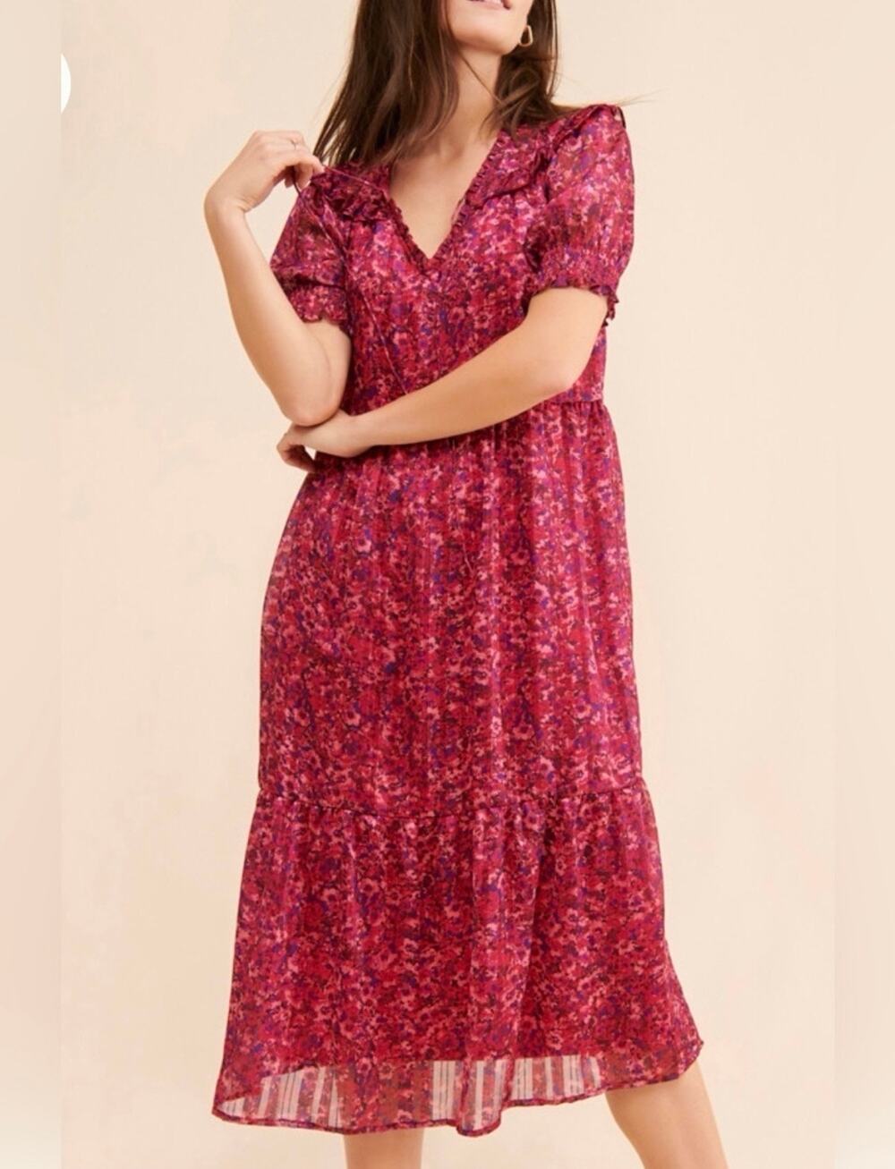 Anthropologie Du Paradis Ruffle Shoulder Pink Floral Midi Dress